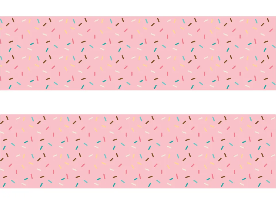 Two pink bulletin board border strips covered in multicolored sprinkles for the dessert classroom decor set