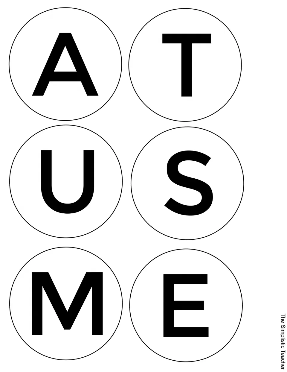 Six circular letter cutouts, A, T, U, S, M, and E, continue the lettering for the fall classroom display