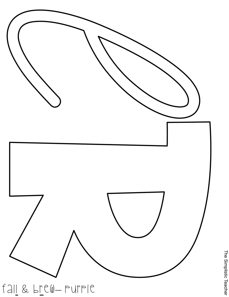 Outlined script l and block R for “fall” and “brew” in the classroom display, labeled for purple paper