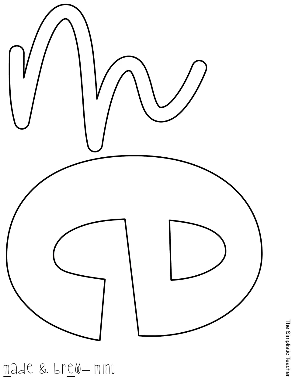 Outlined script m and block e for “made” and “brew” in the classroom display, labeled for mint paper