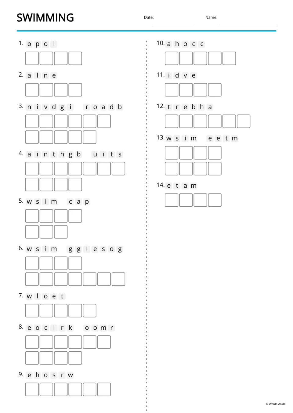 Swimming anagrams: students unscramble 14 jumbled words such as opol and wsim cap, spelling each answer letter by letter