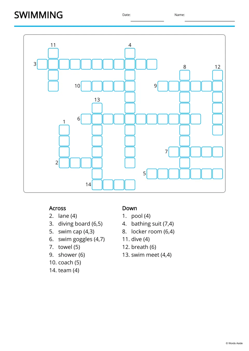 Swimming crossword: students fit 14 words like lane, diving board and locker room into the grid from Across and Down lists