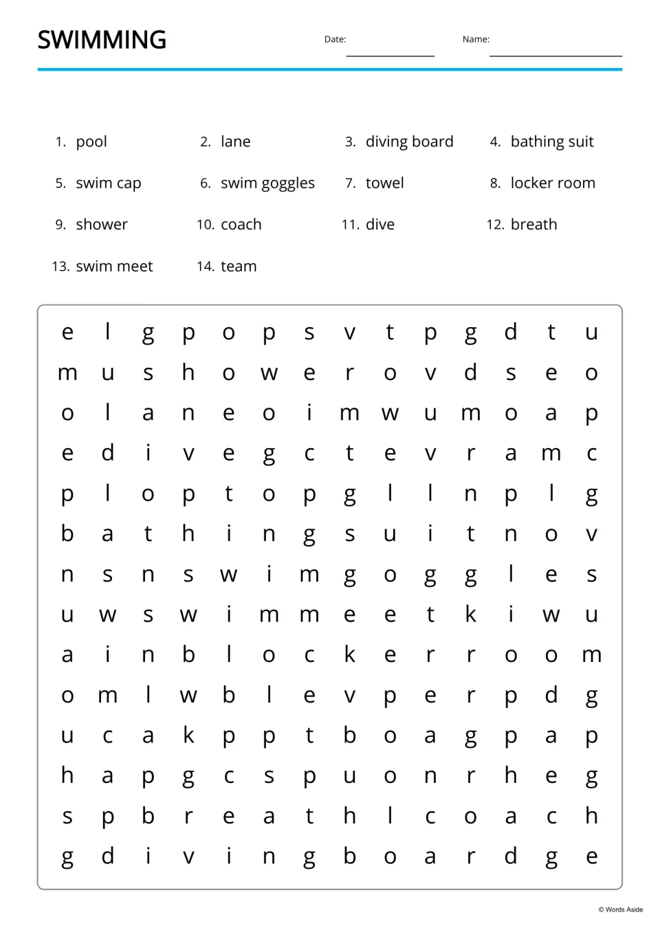 Swimming word search: students find 14 terms, including bathing suit, swim goggles and locker room, hidden among the letters