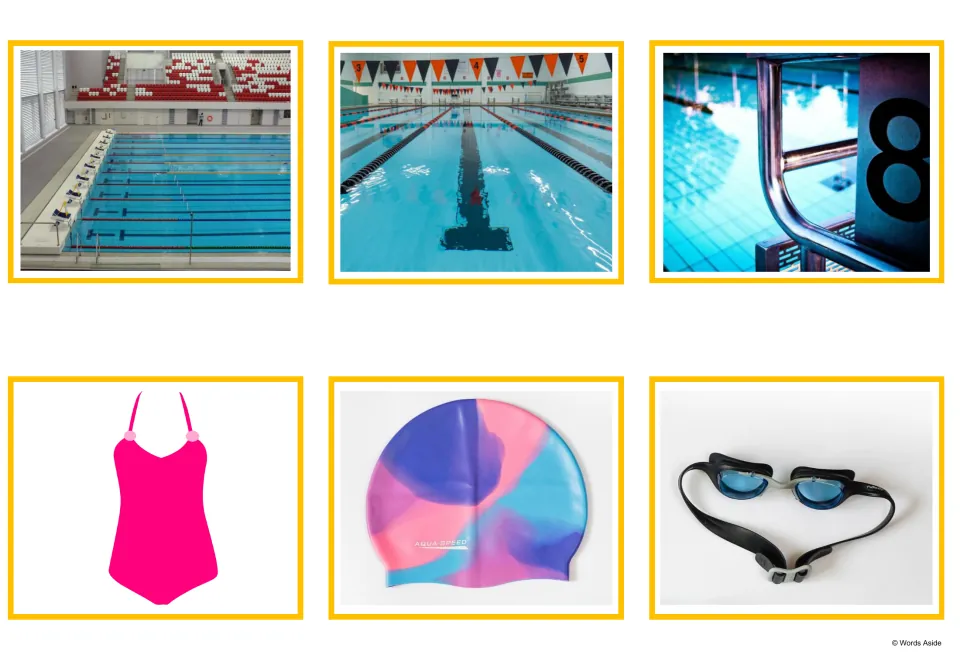 Swimming photo cards: a pool, a lane between ropes, pool steps by a number 8, a pink swimsuit, a swim cap and goggles
