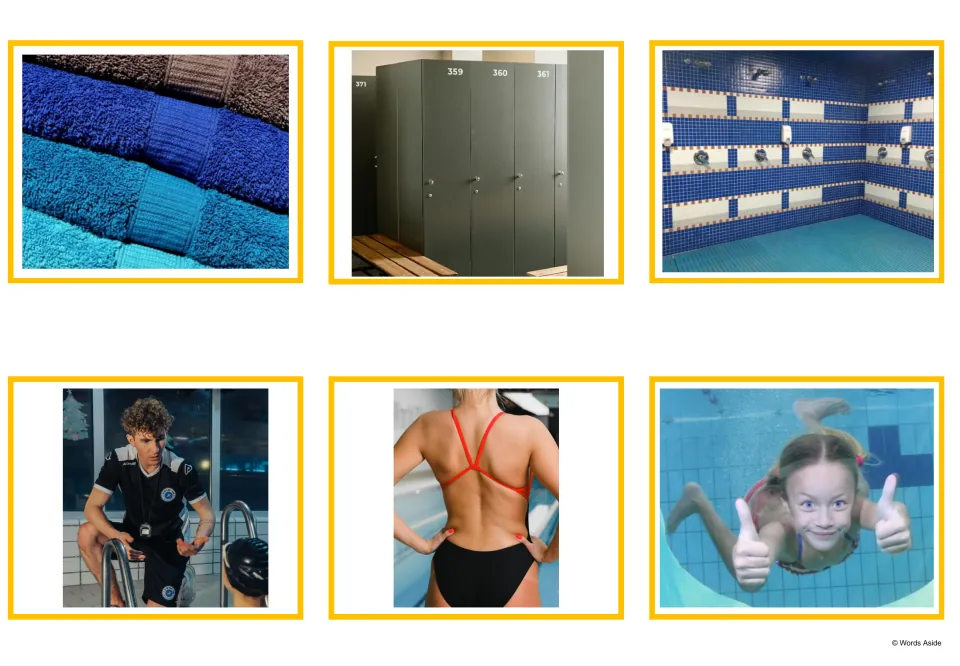 Swimming photo cards: towels, numbered lockers, a shower room, a coach poolside, a swimmer's back and a child underwater