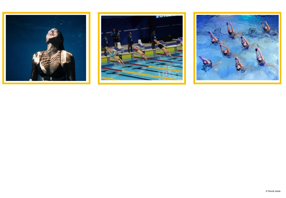 Swimming photo cards: a swimmer underwater, racers diving off starting blocks at a meet and a synchronized swim team