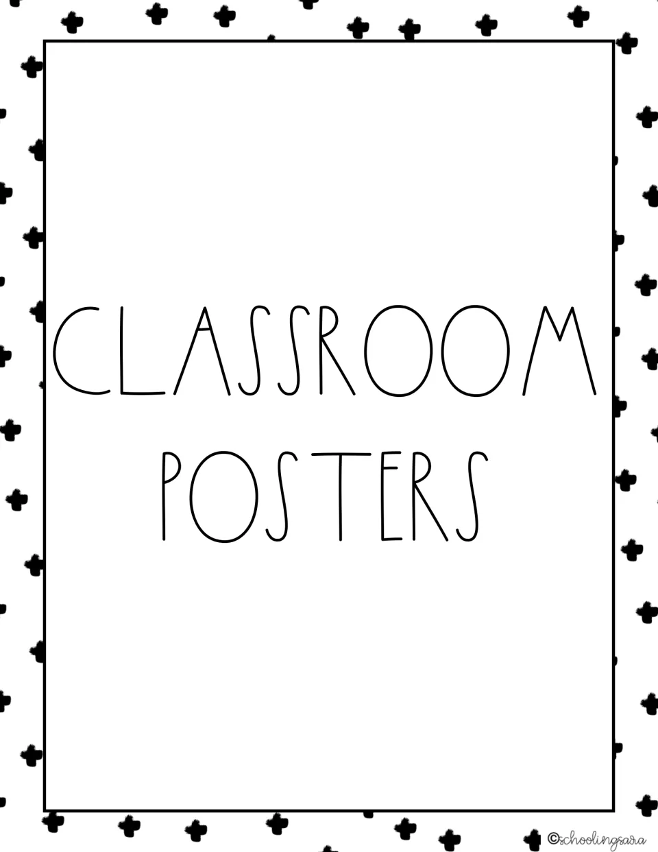 Classroom posters section title page in thin hand-lettered capitals on a black Swiss cross pattern background