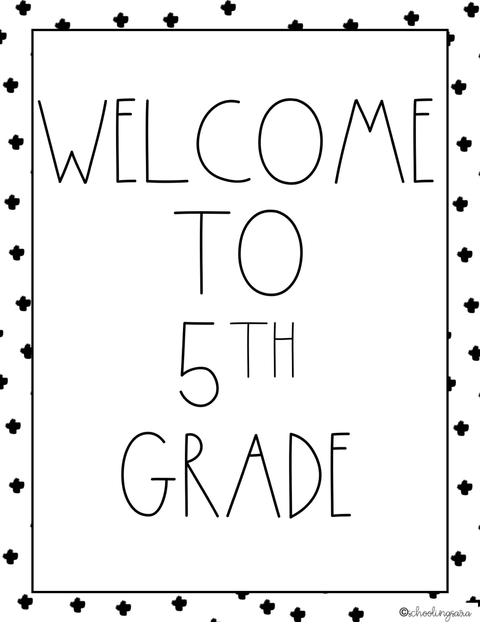 Welcome to 5th Grade poster with a raised TH after the 5, lettered in thin black capitals on a plus-sign pattern