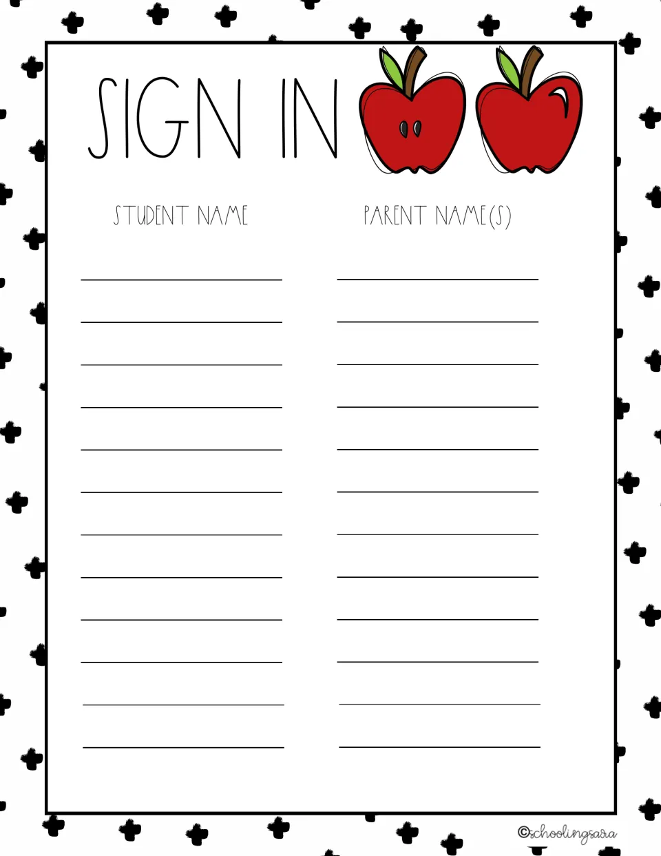 Sign in sheet with two red apples: families write the student name and the parent name(s), with room for 12 entries