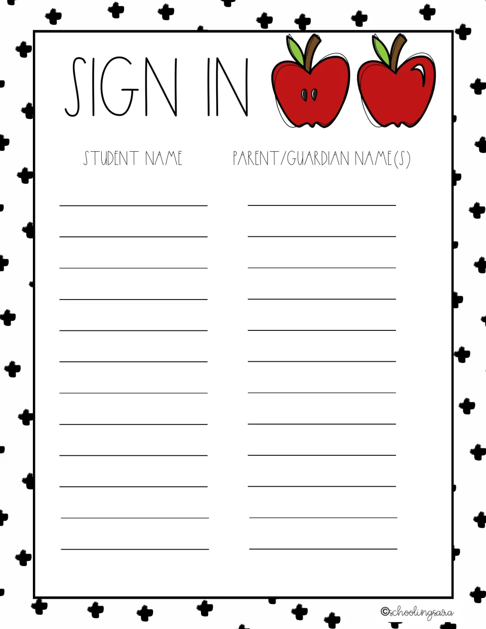 Sign in sheet with apples where visitors record the student name next to the parent/guardian name(s), 12 entries