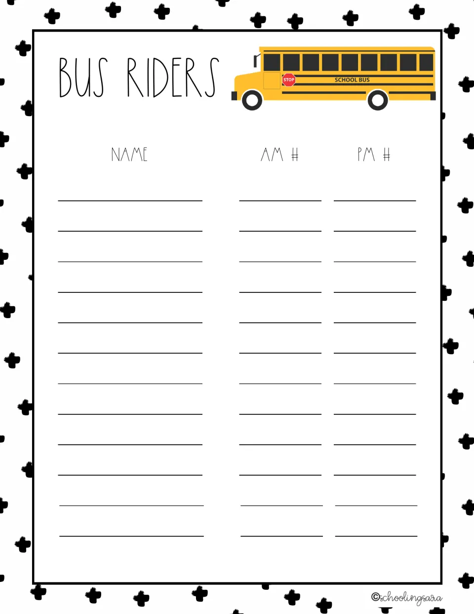 Bus Riders list with a yellow school bus: record each name with the AM # and PM # bus numbers, 12 entries