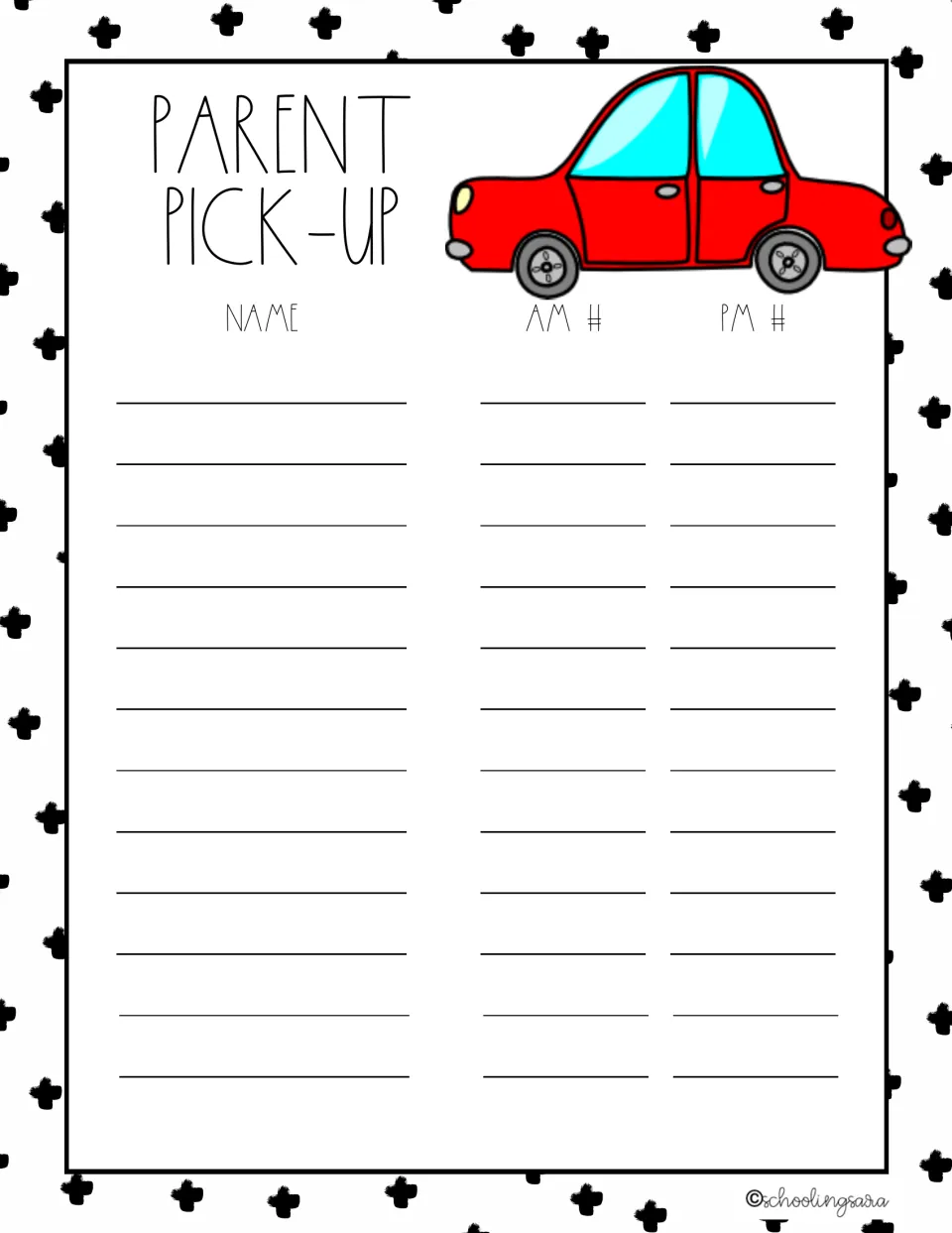 Parent Pick-up form with a red car cartoon, labeled Name, AM # and PM #, with 12 entries for car rider info