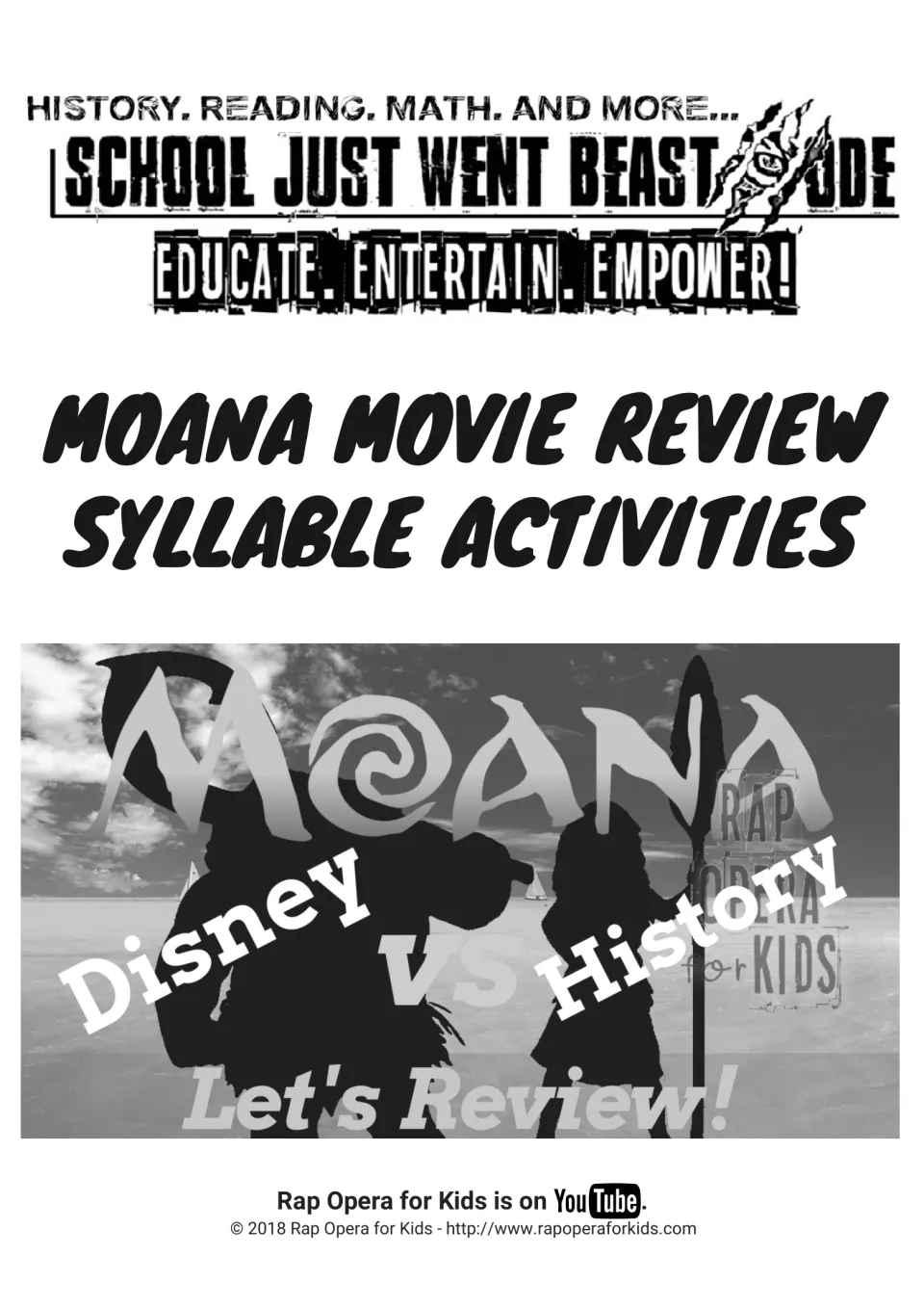 Cover of Moana Movie Review Syllable Activities, showing a Disney vs History, Let's Review! title graphic
