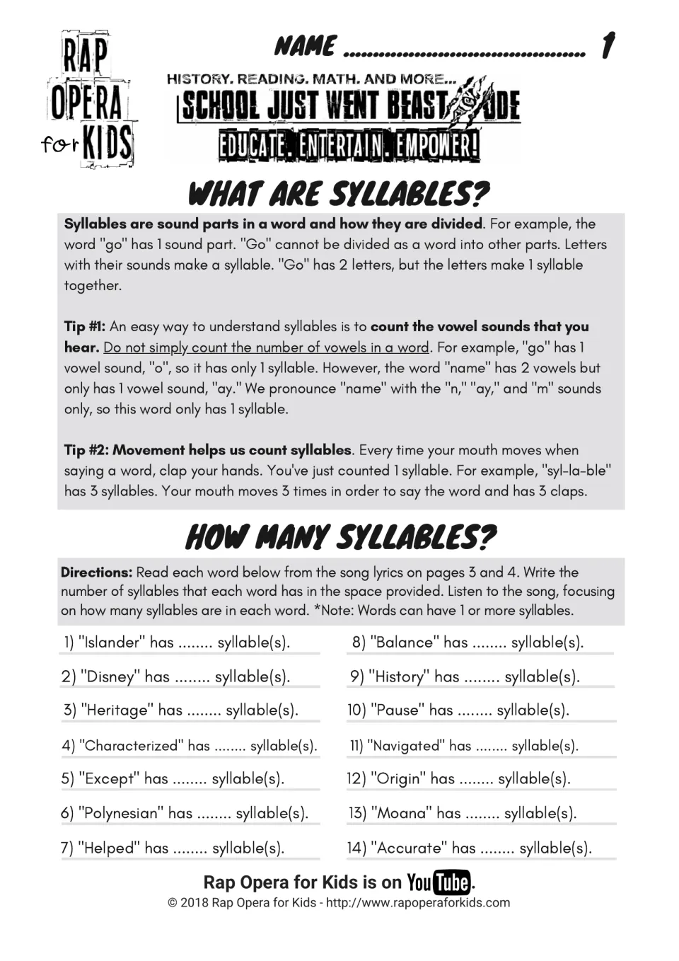 What are syllables? Tips on vowel sounds and clapping, then students count syllables in 14 words like Polynesian