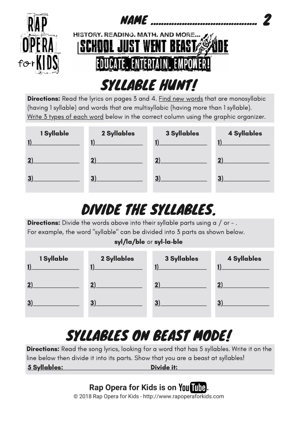 Syllable hunt: students sort lyric words by 1 to 4 syllables, divide them as syl/la/ble, then find a 5-syllable word