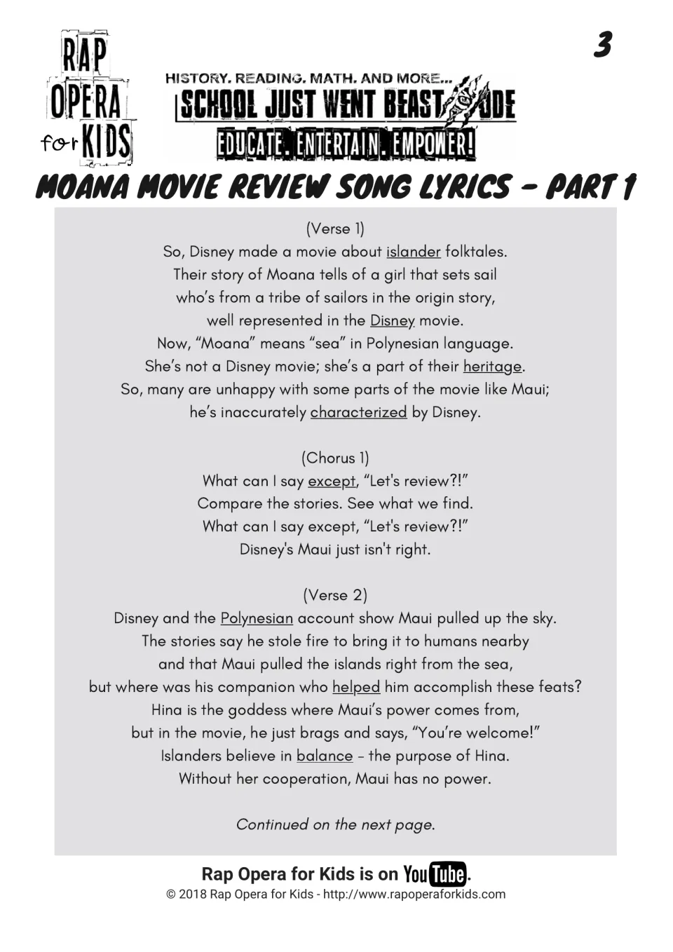 Song lyrics part 1: verses and chorus comparing Disney's Maui with Polynesian stories, with practice words underlined