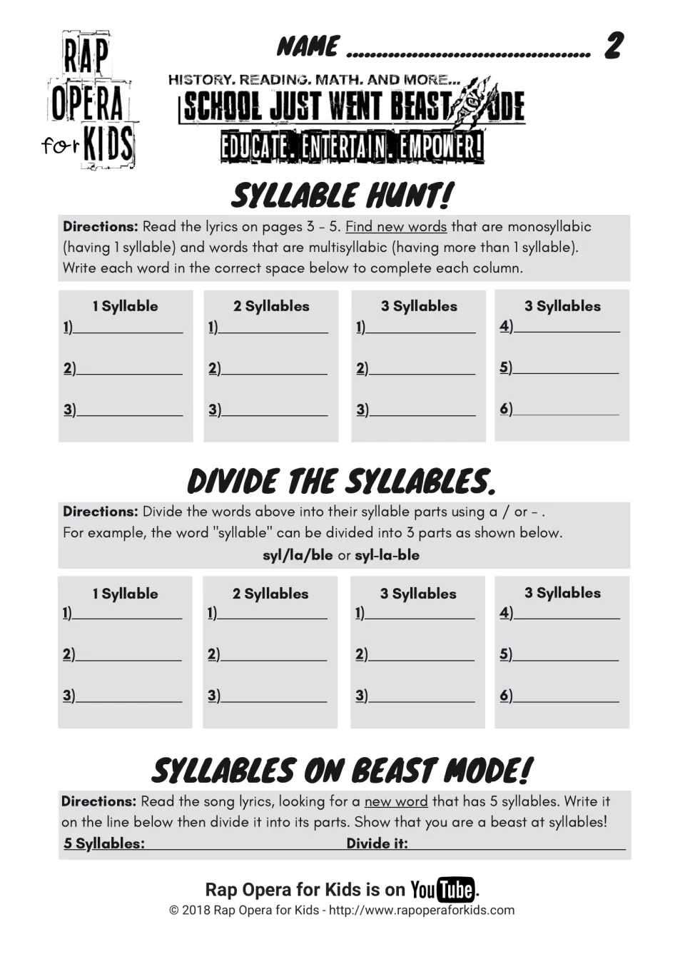 Syllable hunt: students sort 1-, 2- and 3-syllable words from the lyrics, divide them into parts and find a 5-syllable word