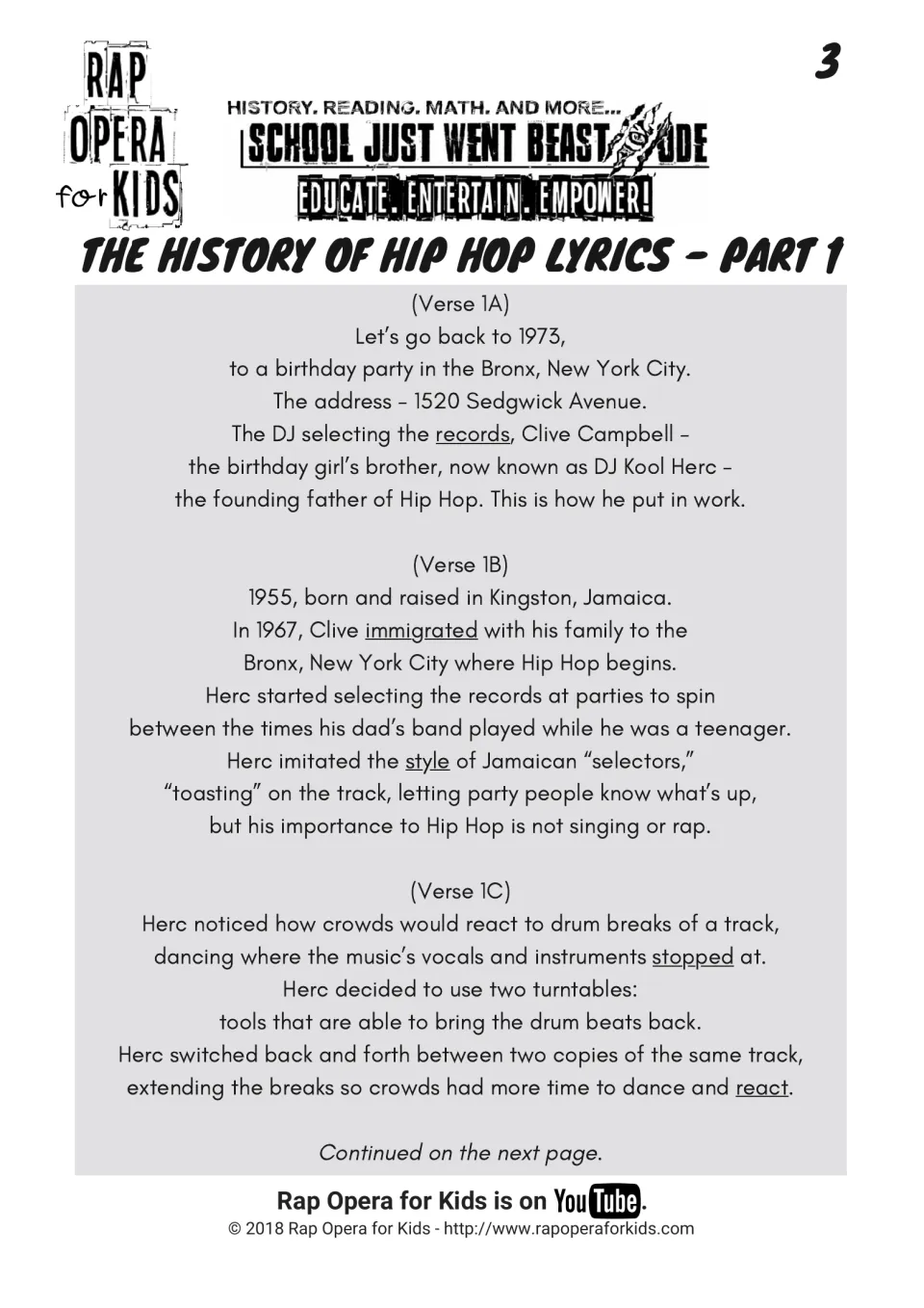Hip hop lyrics part 1: verses on DJ Kool Herc, the 1973 Bronx party and two turntables, with syllable words underlined