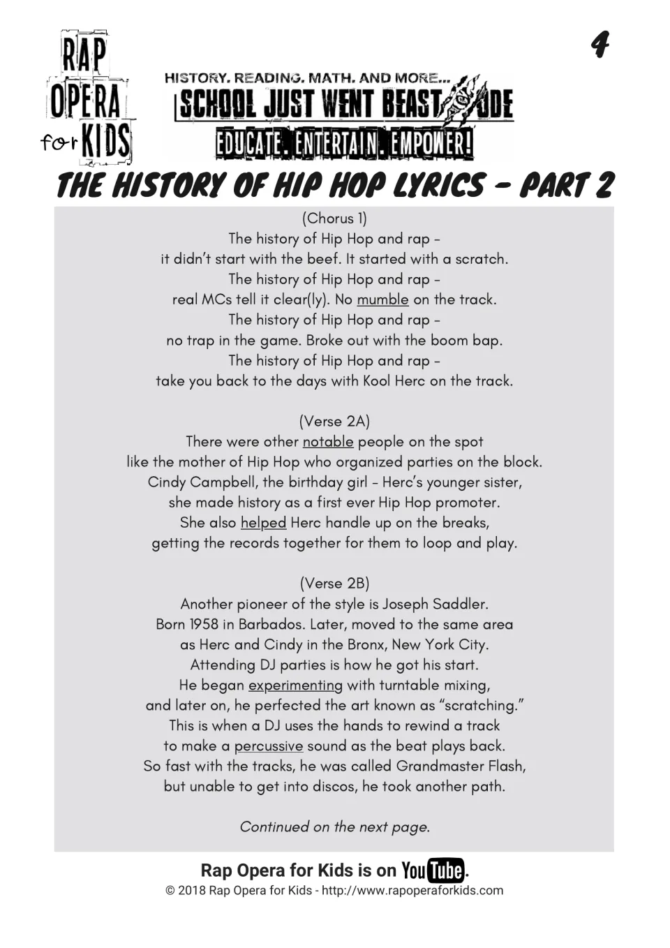 Hip hop lyrics part 2: chorus and verses on Cindy Campbell and Grandmaster Flash perfecting scratching, key words underlined