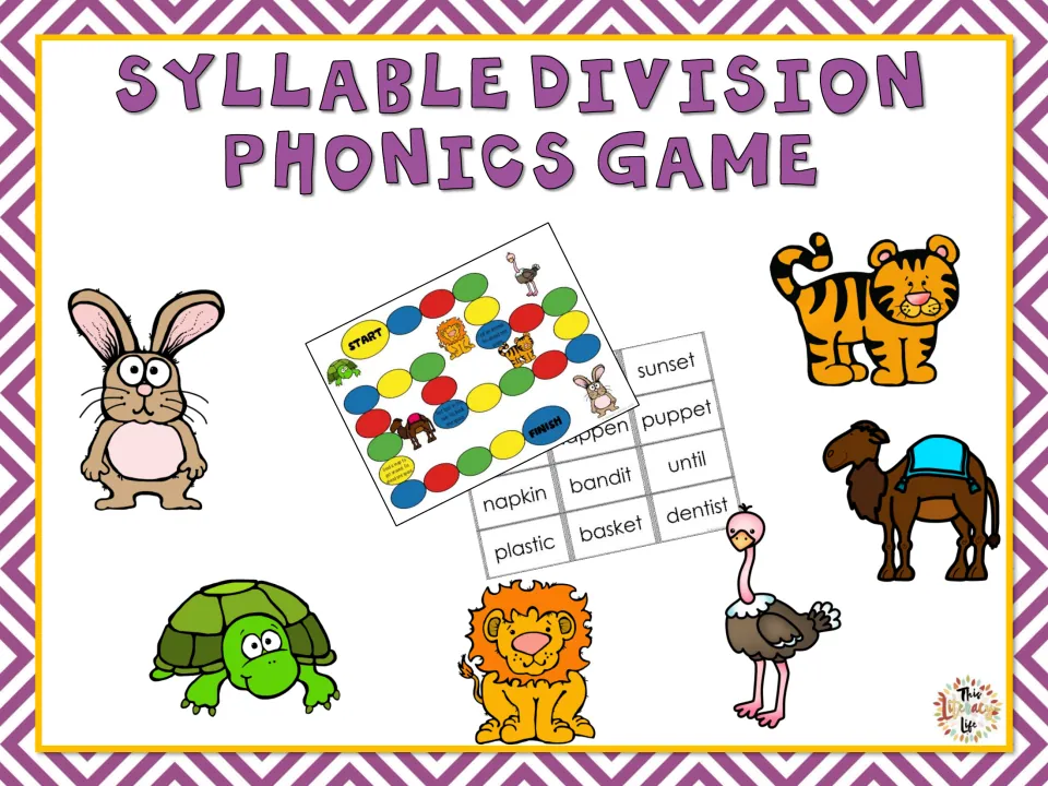 Syllable Division Phonics Game cover showing a zoo game board, word cards and rabbit, tiger, camel, turtle, lion, ostrich