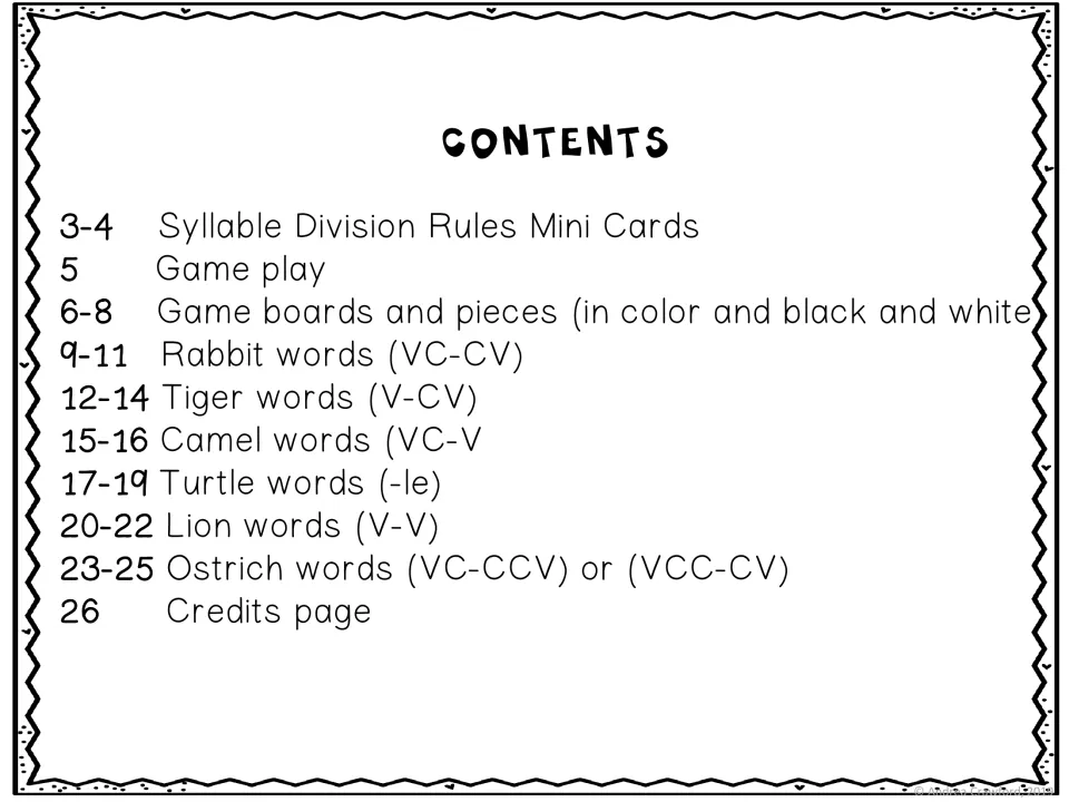 Contents: rule mini cards, game play, boards and pieces, and word cards for rabbit, tiger, camel, turtle, lion, ostrich
