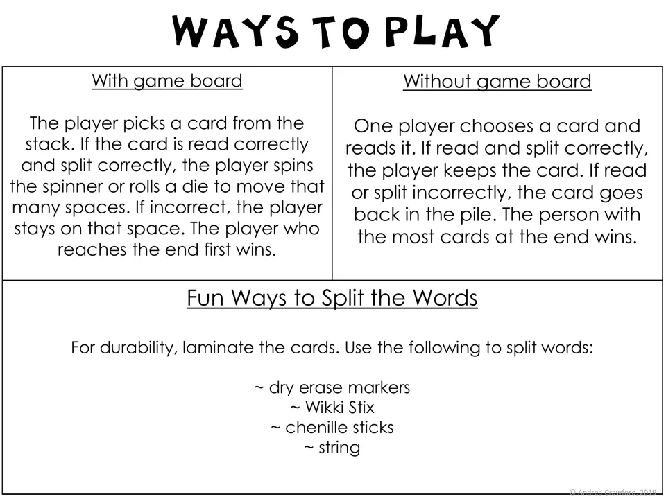 Ways to Play directions: read and split a card to move with a spinner or die, or keep cards in a no-board version