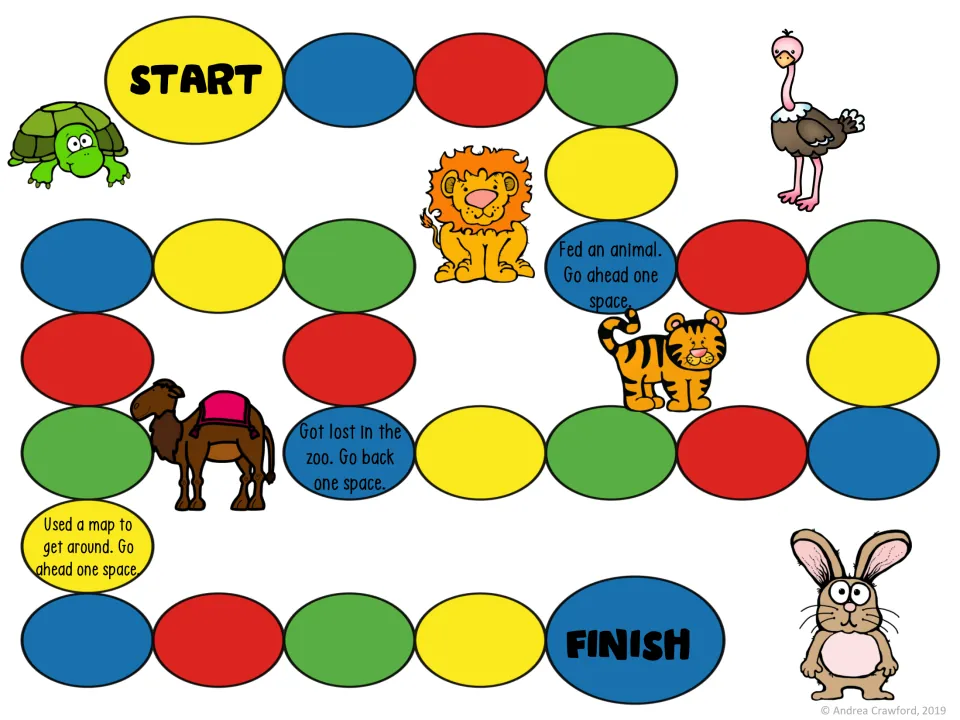 Color zoo game board path from Start to Finish with spaces like Fed an animal, go ahead one and Got lost in the zoo