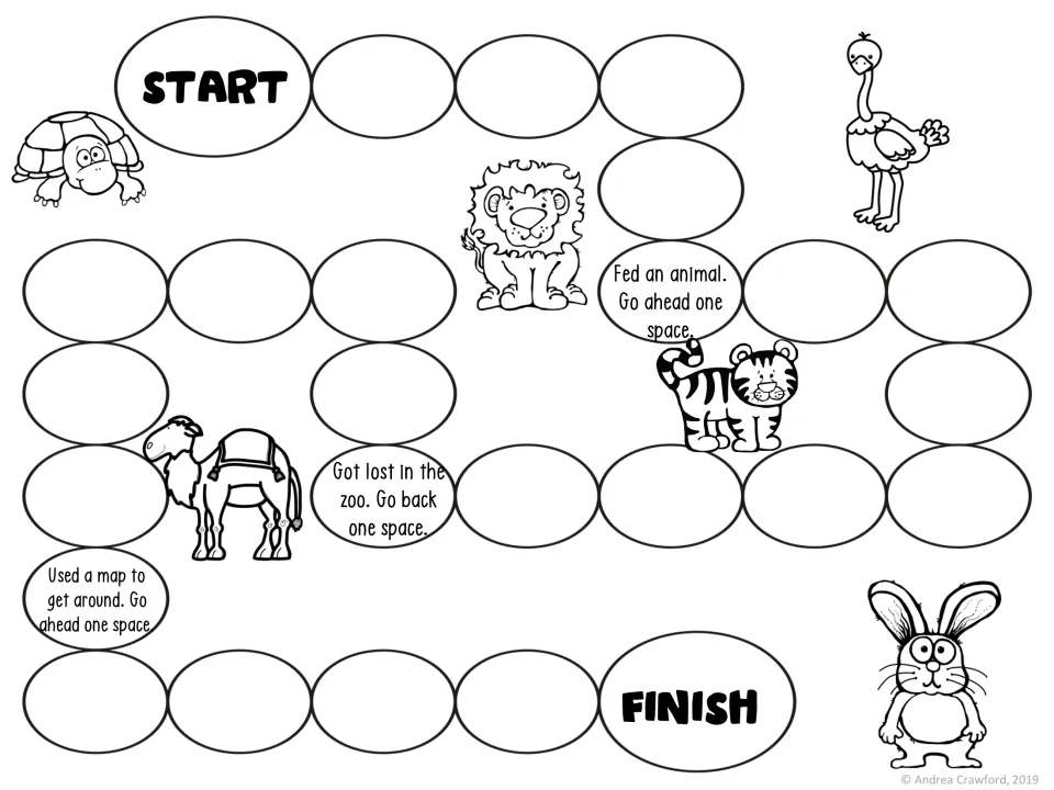Black-and-white zoo game board from Start to Finish with Used a map to get around and go-back spaces, animals to color
