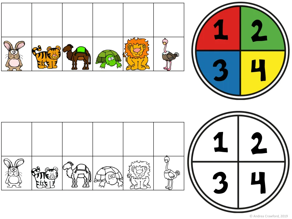 Game pieces: rabbit, tiger, camel, turtle, lion and ostrich player markers plus 1 to 4 spinners in color and B&W