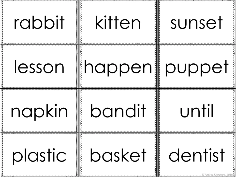 Rabbit VC/CV word cards to read and split between consonants: rabbit, kitten, sunset, lesson, napkin, basket, dentist