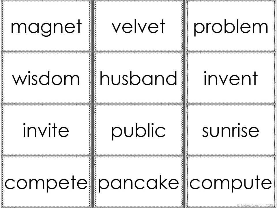 More rabbit-pattern word cards to split, including magnet, velvet, problem, husband, public, sunrise, pancake and compute