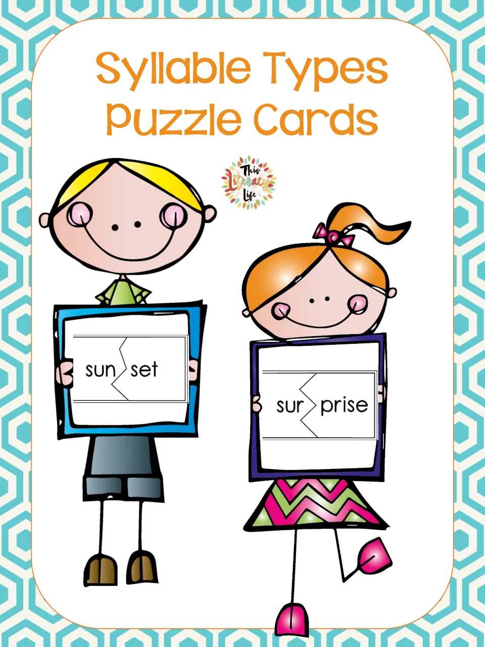 Cover of the syllable puzzle resource, titled 'Syllable Types Puzzle Cards,' with sun/set and sur/prise