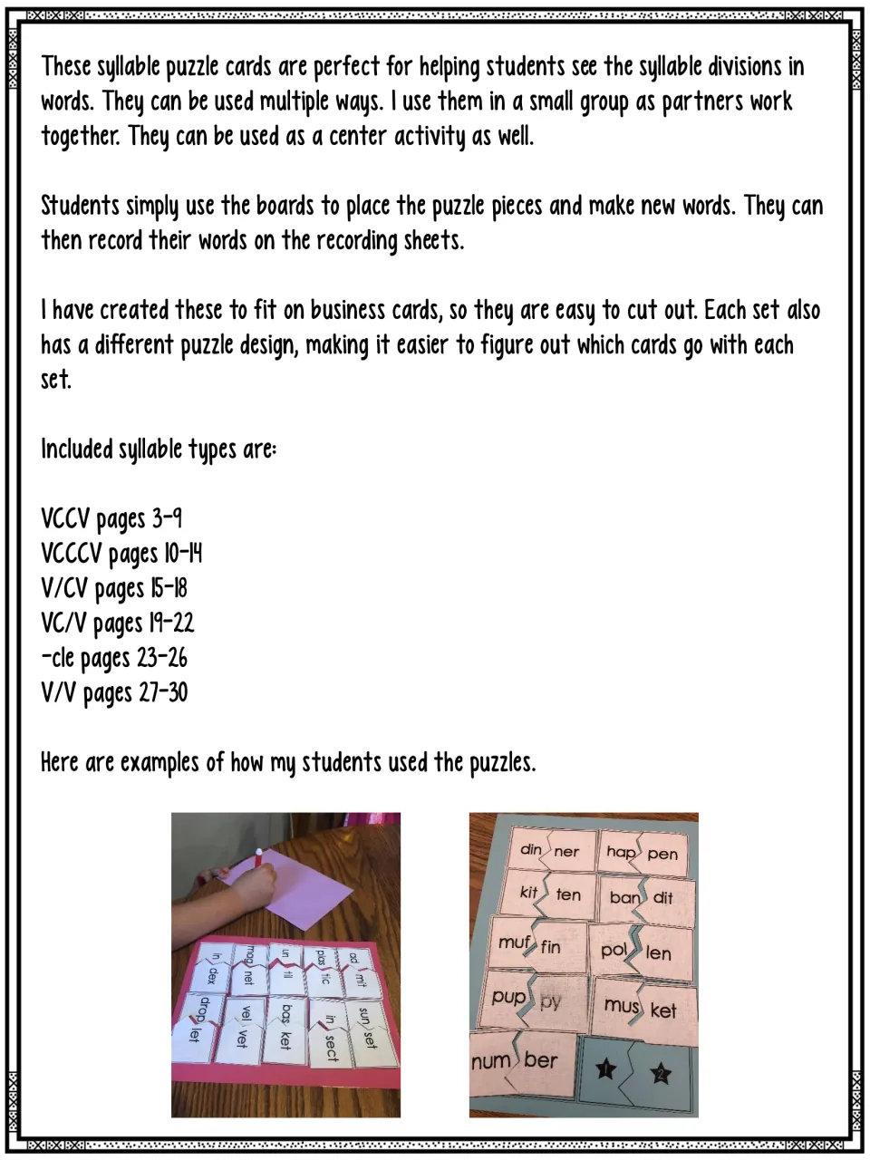 Directions for matching syllable puzzle pieces on boards, recording words, and using six pattern sets