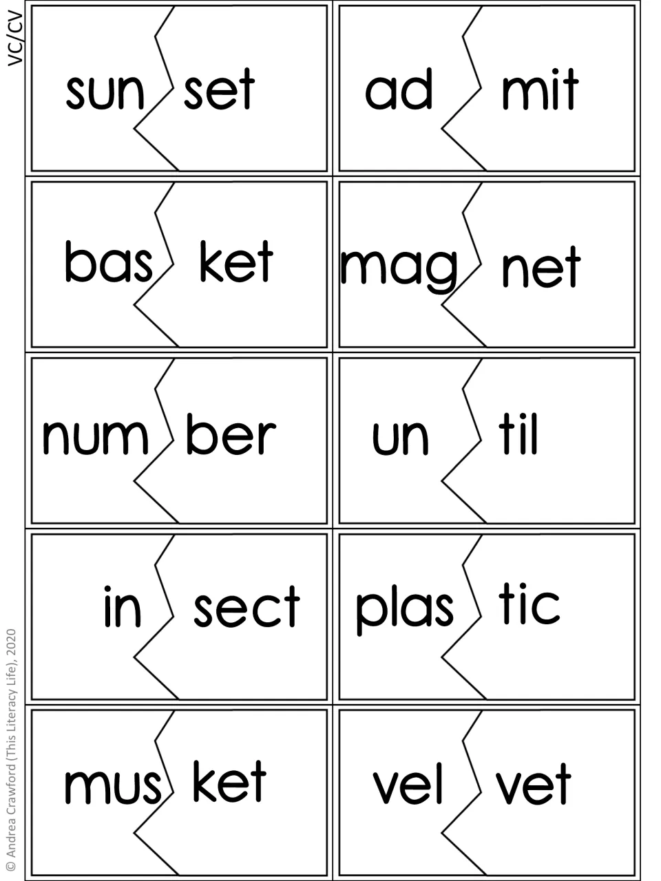First VC/CV syllable puzzle sheet: 10 words, including sun/set, ad/mit, bas/ket, mag/net, and num/ber