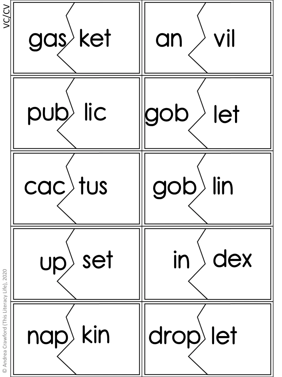 Second VC/CV syllable puzzle sheet: 10 words, including gas/ket, an/vil, pub/lic, gob/let, and cac/tus