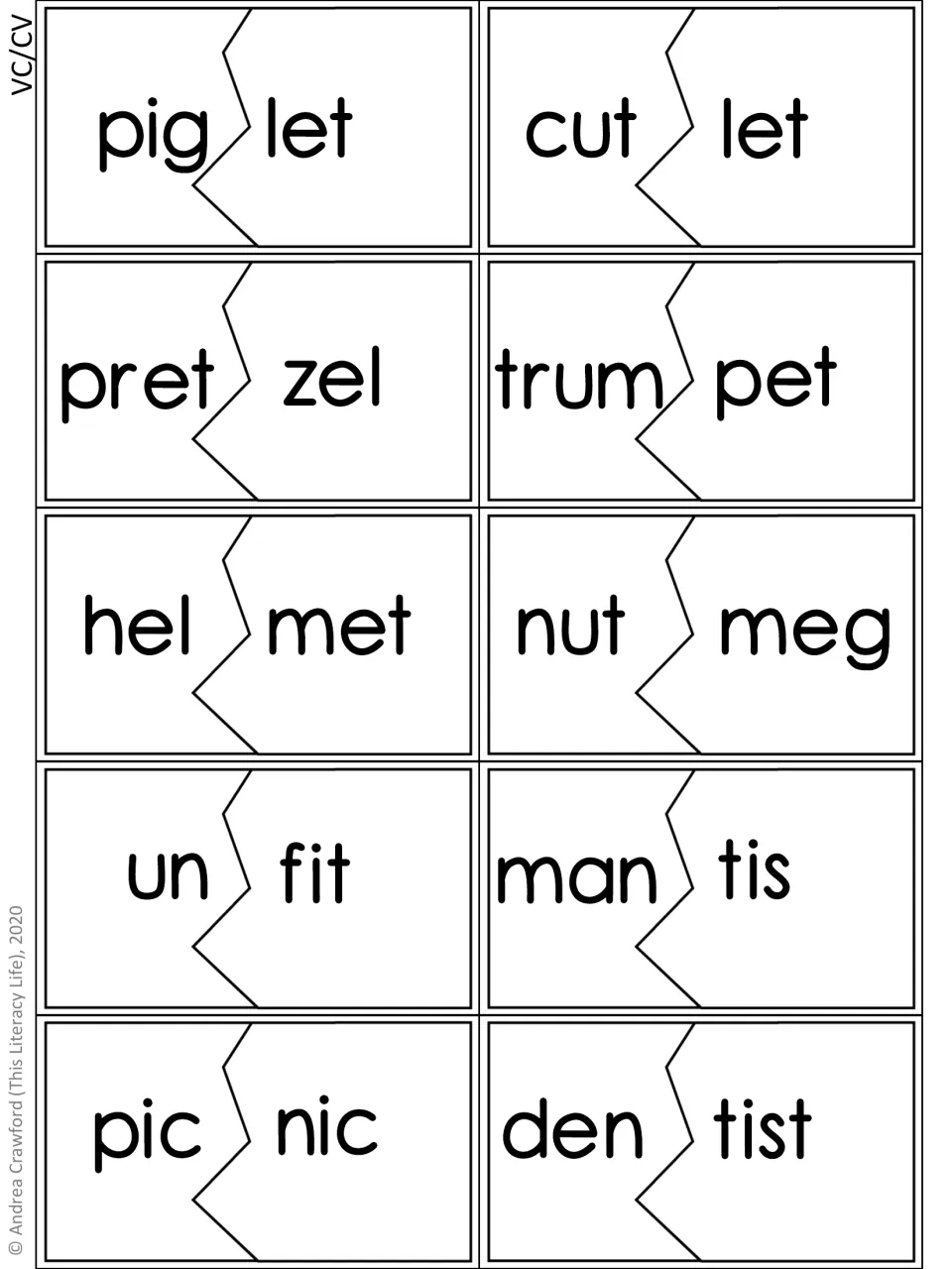 Third VC/CV syllable puzzle sheet: 10 words, including pig/let, cut/let, pret/zel, trum/pet, and hel/met
