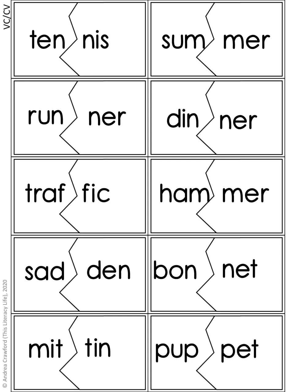 Fourth VC/CV syllable puzzle sheet: 10 cards, including ten/nis, sum/mer, run/ner, din/ner, and traf/fic