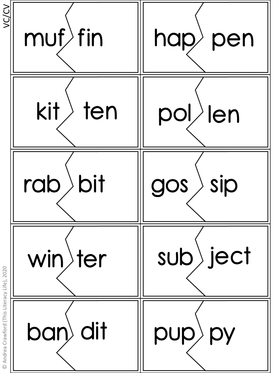 Fifth VC/CV syllable puzzle sheet: 10 words, including muf/fin, hap/pen, kit/ten, pol/len, and rab/bit