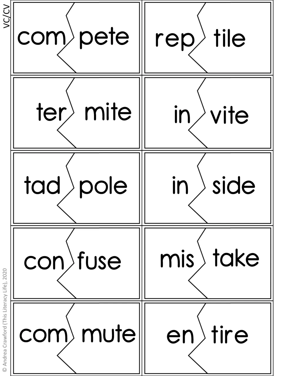 Sixth VC/CV syllable puzzle sheet: 10 words, including com/pete, rep/tile, ter/mite, in/vite, and tad/pole