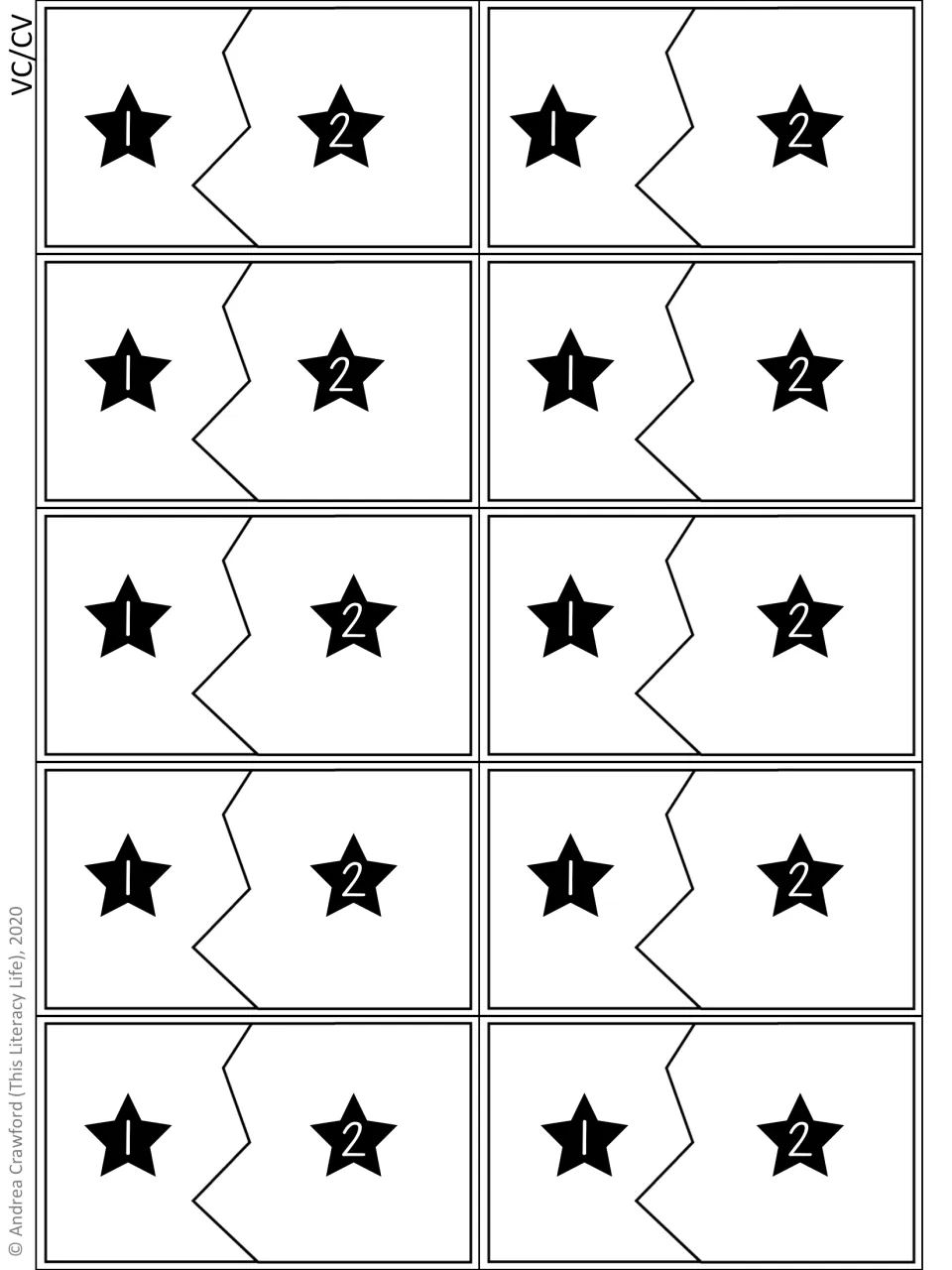 VC/CV syllable puzzle placement board for 10 words, with each puzzle's two positions numbered 1 and 2