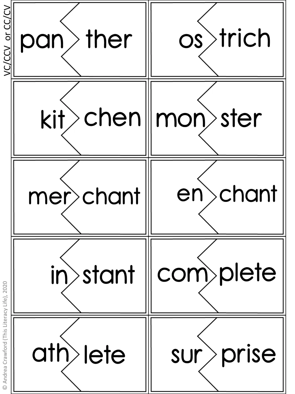 VC/CCV or VCC/CV syllable puzzle sheet: 10 words, including pan/ther, os/trich, kit/chen, and mon/ster