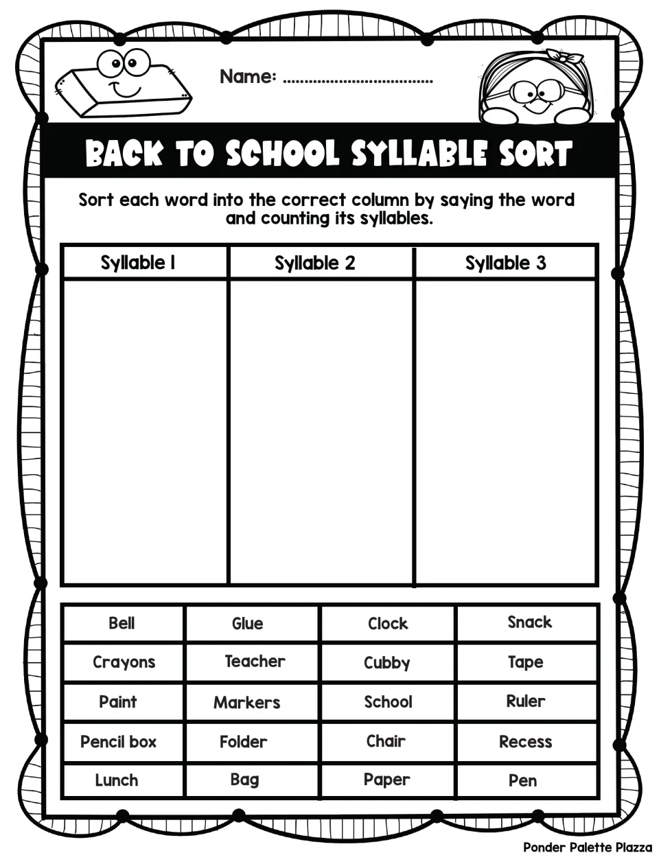 Counting syllables: students sort 20 school words like bell, teacher, cubby, recess and pencil box by syllable count