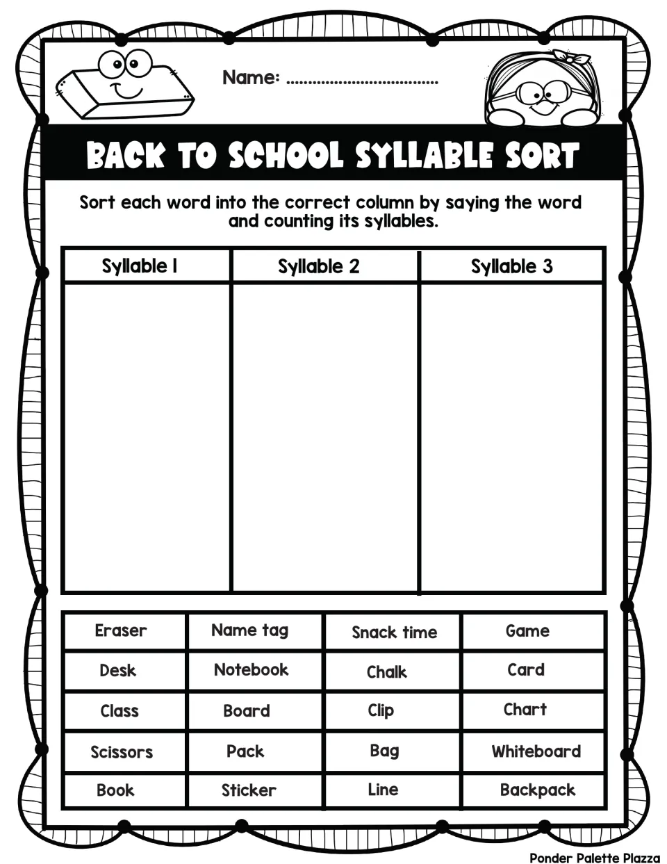 1-, 2- and 3-syllable sort: students sort 20 back-to-school words such as name tag, snack time, whiteboard and sticker