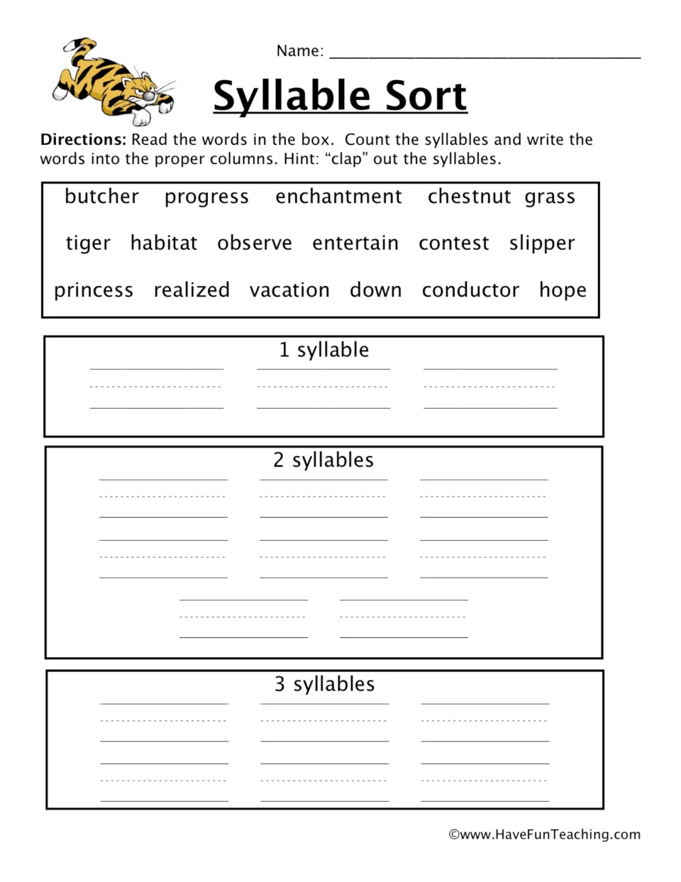 Syllable sort: students clap out 17 words such as tiger, habitat and vacation, then write each under 1, 2 or 3 syllables