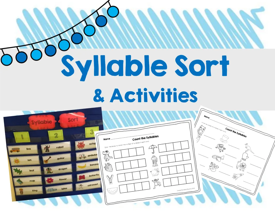 Syllable Sort & Activities cover showing a pocket chart sorting example and two syllable-counting worksheets