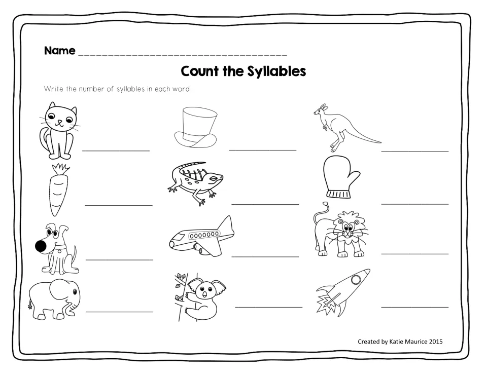 Syllable-counting worksheet asks students to write counts for 12 pictures, including cat, hat, and kangaroo