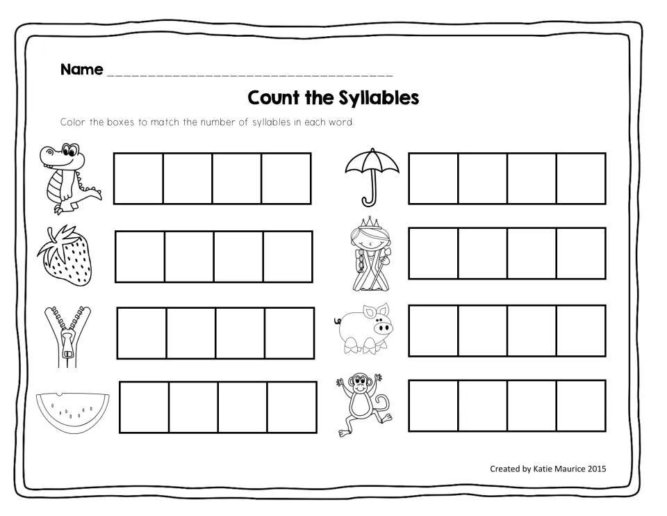 Syllable-counting worksheet asks students to color counts for eight pictures, including umbrella and pig