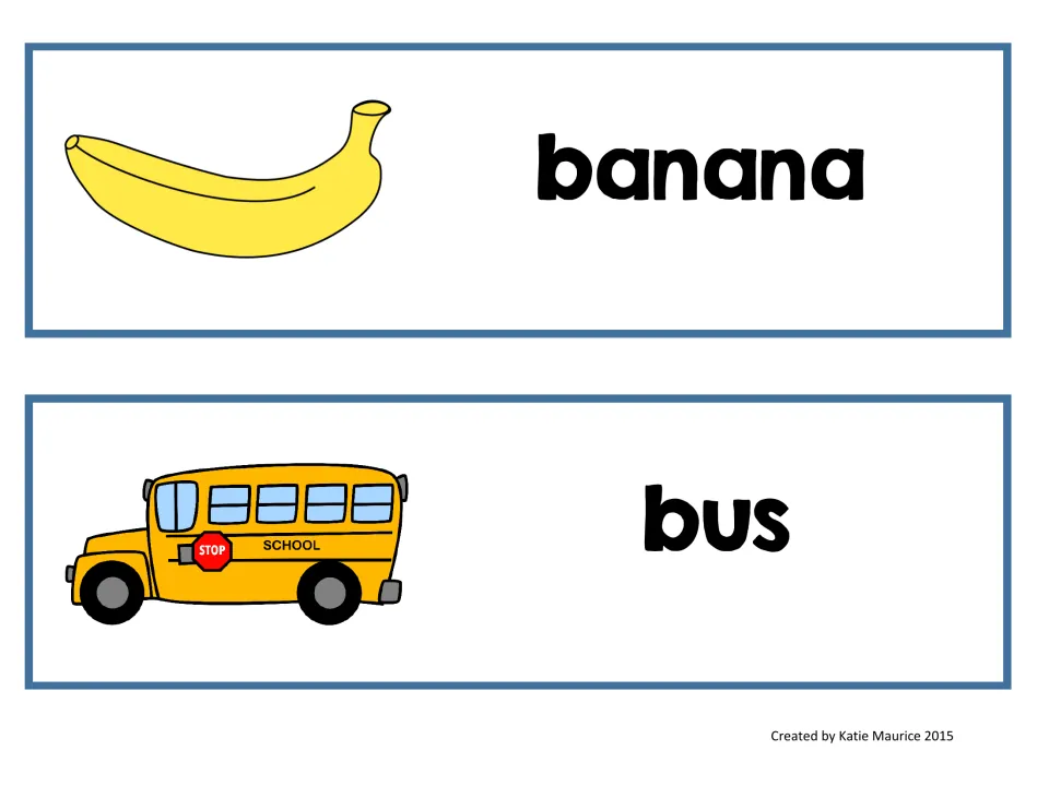Syllable-sorting picture-word cards for banana and bus, showing a yellow banana and a yellow school bus