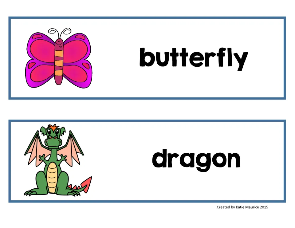 Syllable-sorting picture-word cards for butterfly and dragon, showing a pink butterfly and a green dragon