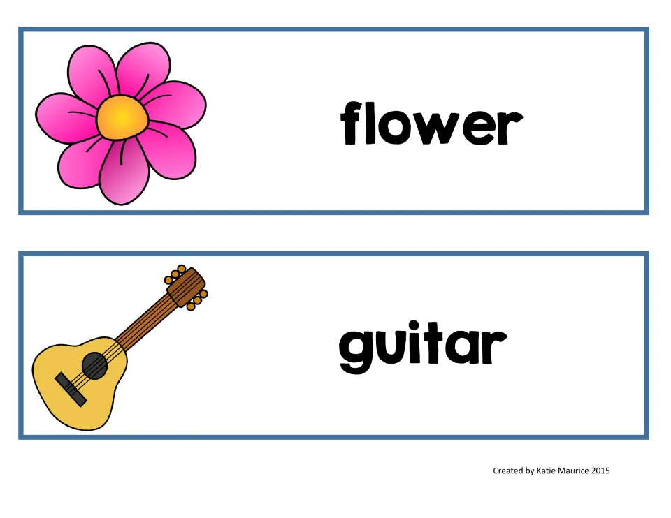 Syllable-sorting picture-word cards for flower and guitar, showing a pink flower and a yellow guitar
